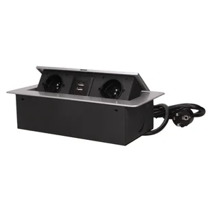 Gniazdo meblowe wpuszczane w blat z płaskim frezowanym rantem, ładowarką USB i przewodem 3m, 2x2P+Z, 2xUSB, srebrne - Gniazdka elektryczne - miniaturka - grafika 1
