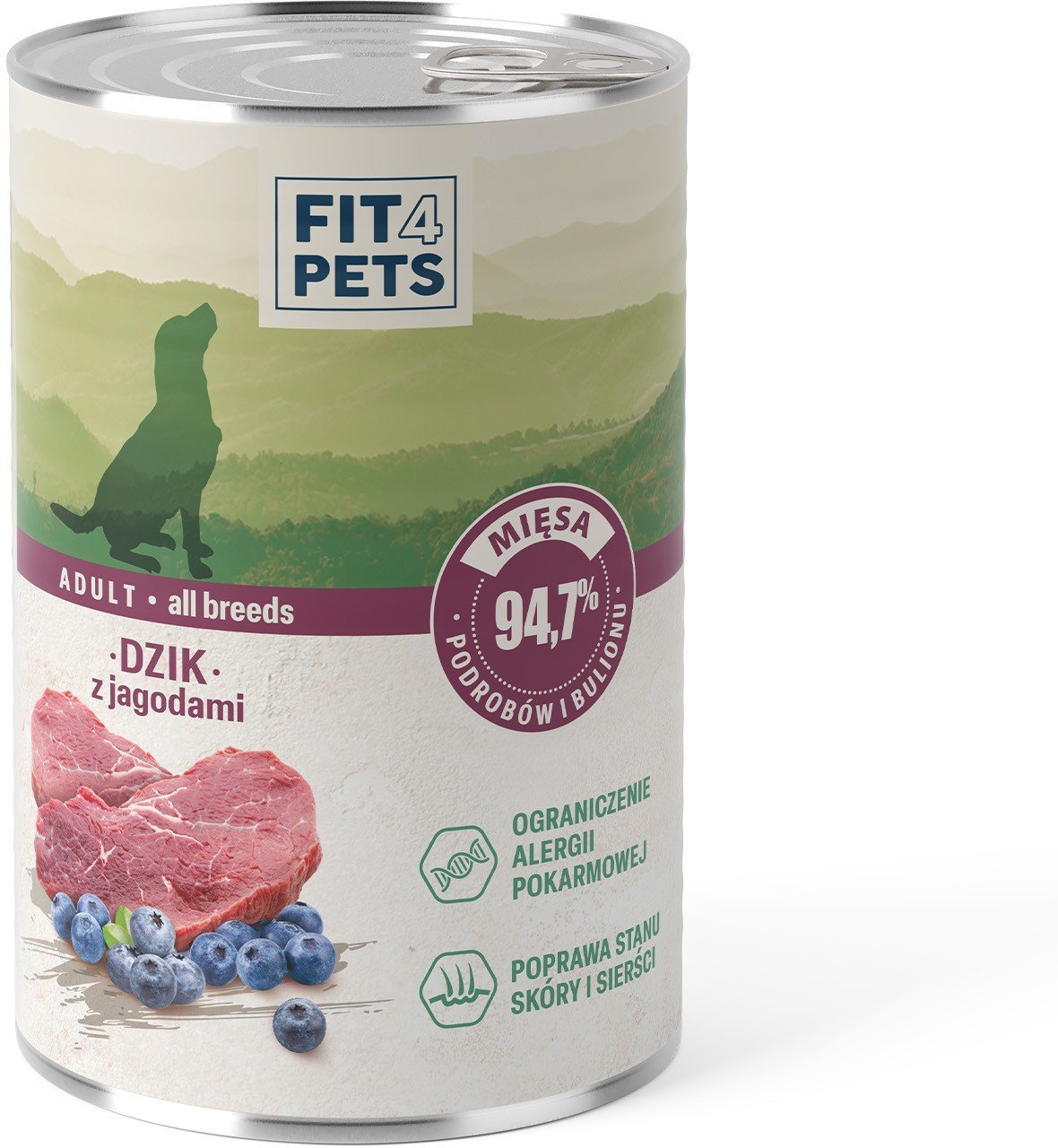 Karma dla psa pełnoporcjowa Fit4Pets dzik z jagodami 400g 12 szt.