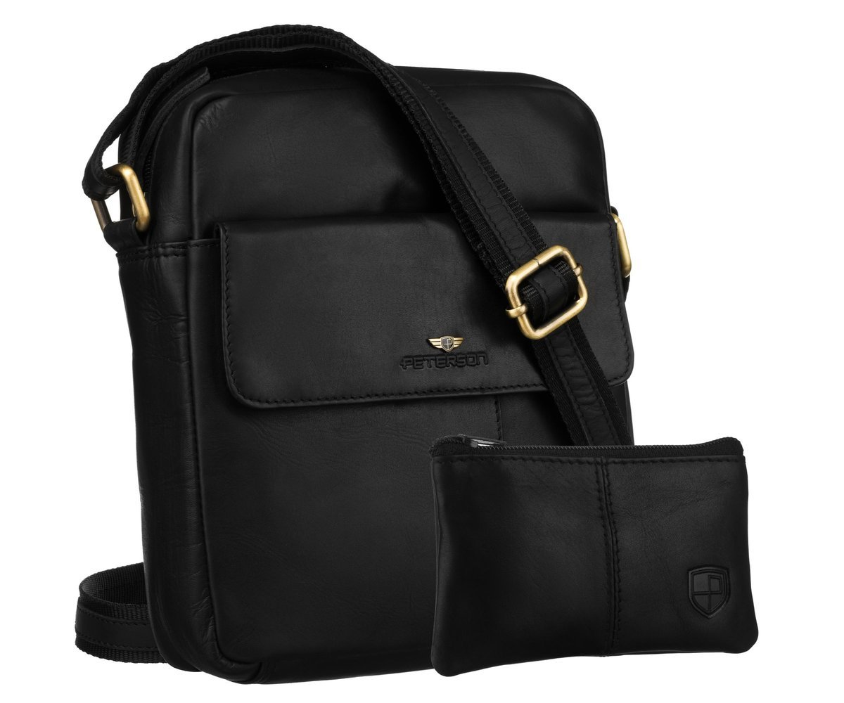 Czarna torebka męska skórzana PETERSON miejska listonoszka na co dzień mała regulowany pasek na ramię kieszonki na suwak + etui na klucze