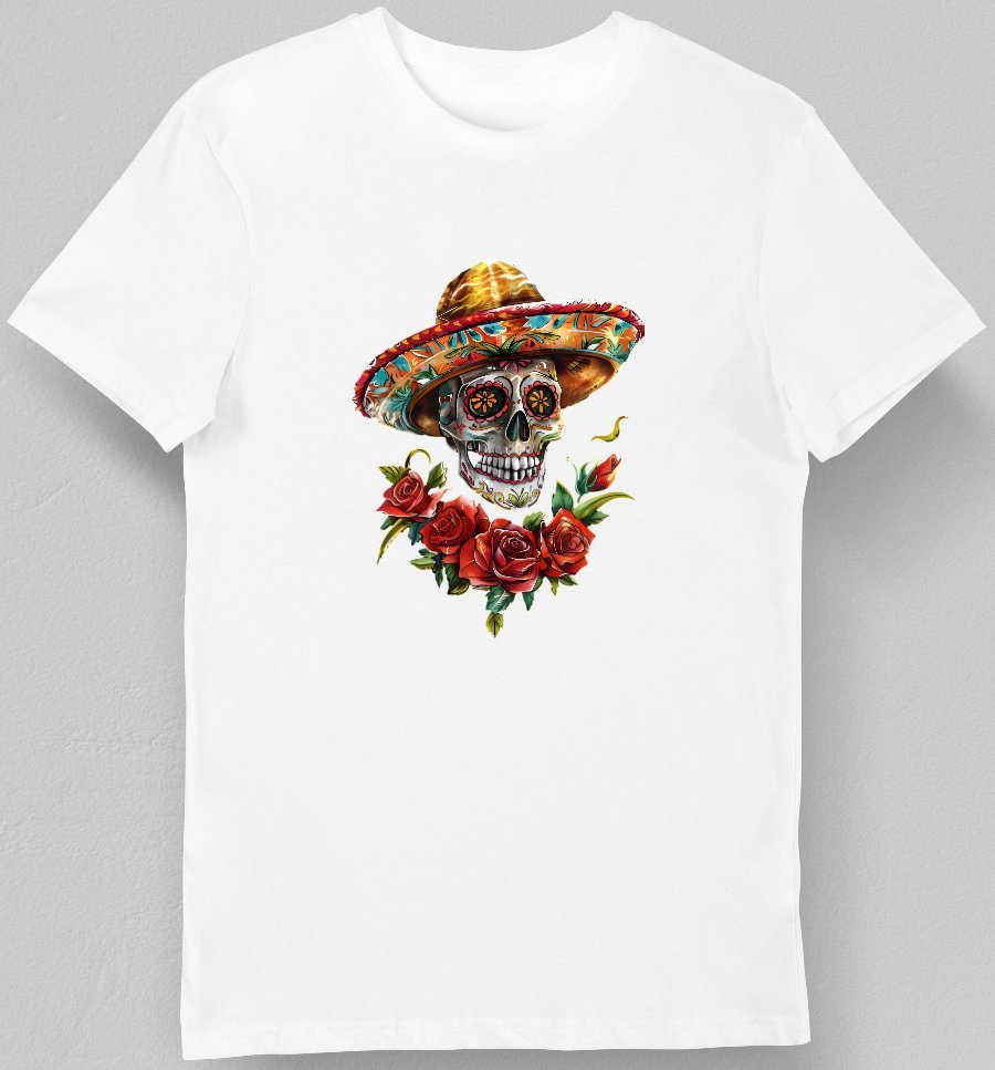 Koszulka męska czaszka z kwiatami w kapeluszu biała XL