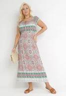 Sukienki - Zielono-Różowa Bawełniana Sukienka Maxi we Wzory z Hiszpańskim Dekoltem i Gumkami w Talii Teena - miniaturka - grafika 1