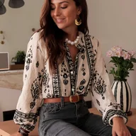 Koszule damskie - TEMU Elegancka beżowa bluzka damska w kwiaty z rękawami typu lampion - Uniwersalna koszula zapinana na guziki, okrągły dekolt, długi rękaw, styl - miniaturka - grafika 1