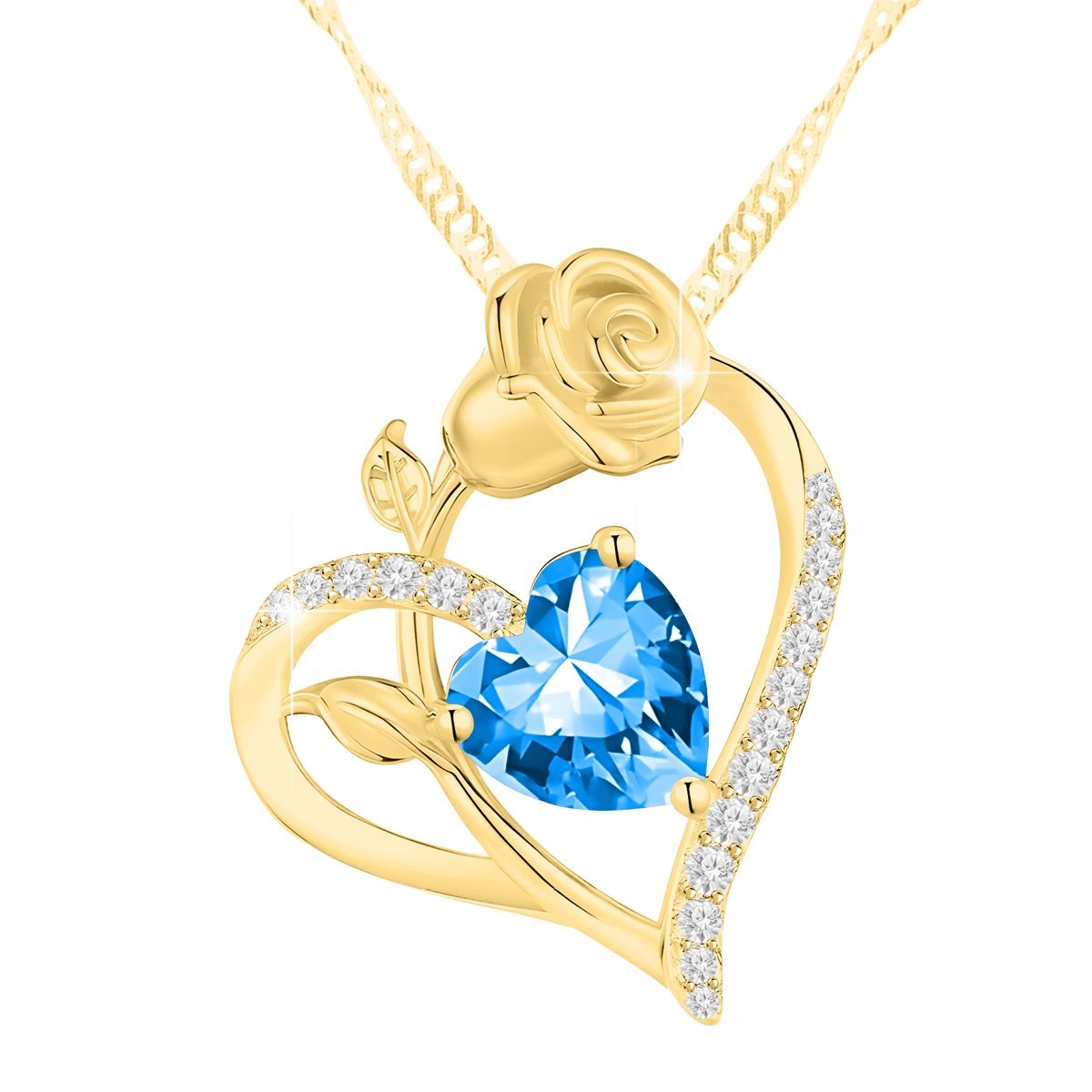 Złoty Naszyjnik 925 Niebieskie Serce Kryształ Serduszko Pozłacana Róża 14K