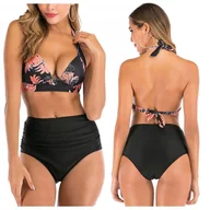 Stroje kąpielowe - STRÓJ KĄPIELOWY WYSZCZUPLAJĄCY KWIATY PRINT KOSTIUM BIKINI WYSOKI STAN HIT S - miniaturka - grafika 1