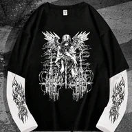 Koszulki męskie - TEMU Męska Gotycka Ciemna Stylowa Koszulka z Długim Rękawem - Fioletowo-Czarny Kolorowy Blok, Luźny Krój, Średnia Elastyczność, Geometryczny Wzór, - miniaturka - grafika 1