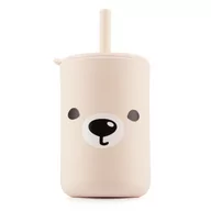 Kubki dla dzieci - Silikonowy kubek Retter Mjölk ze słomką i pokrywką z wzorem misia 200 ml , kolor beż - miniaturka - grafika 1