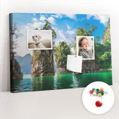 Tablice i flipcharty - Szkolna Tablica korkowa 60x40 cm, Kolorowe Pinezki, wzór Jezioro drzewa natura - miniaturka - grafika 1