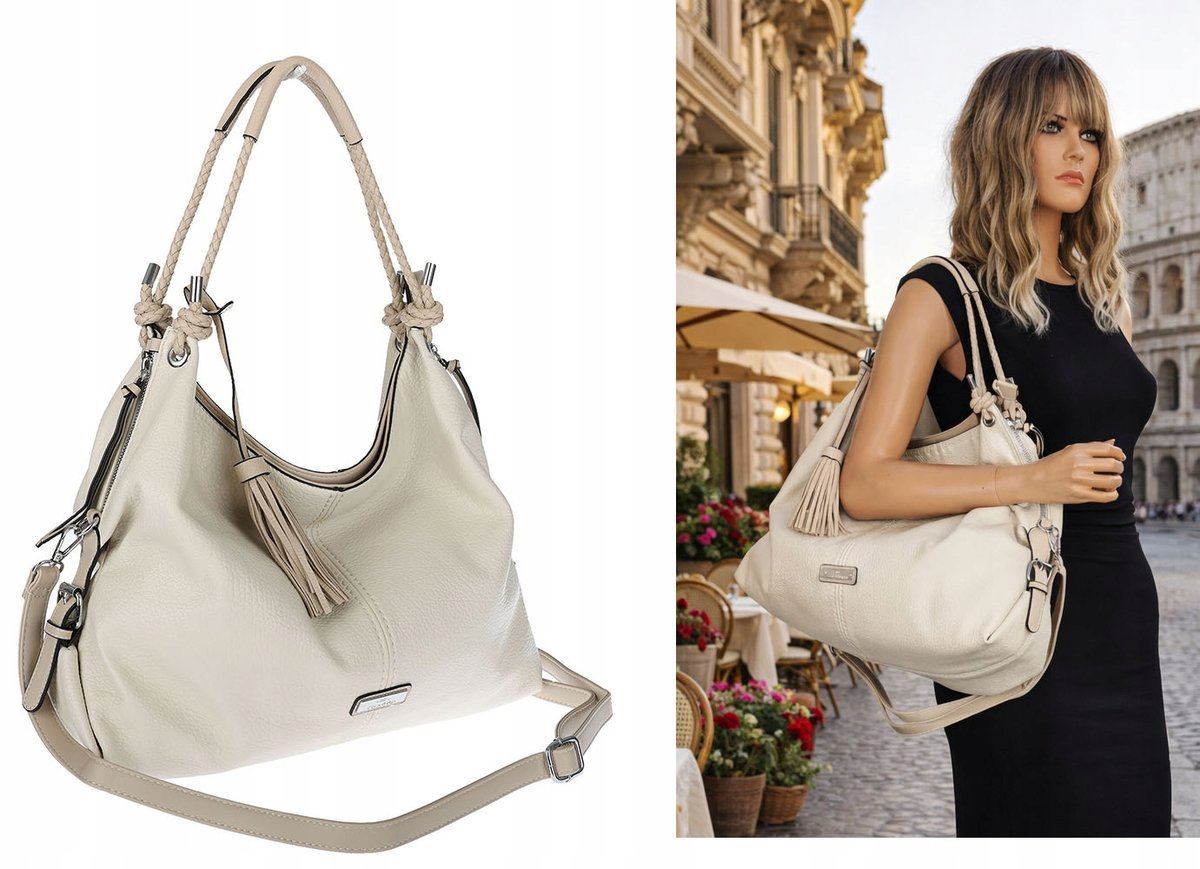 Torebka Damska Shopper worek modna lekka torba pasek na Ramię CH812 Beżowa
