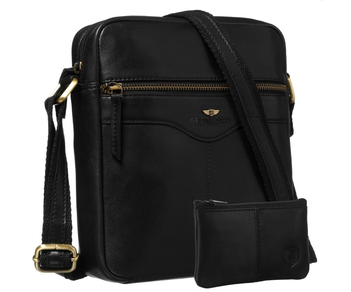 Markowa torebka męska skórzana PETERSON elegancka miejska na co dzień listonoszka na ramię mała saszetka na suwak kieszonki czarna + etui na klucze
