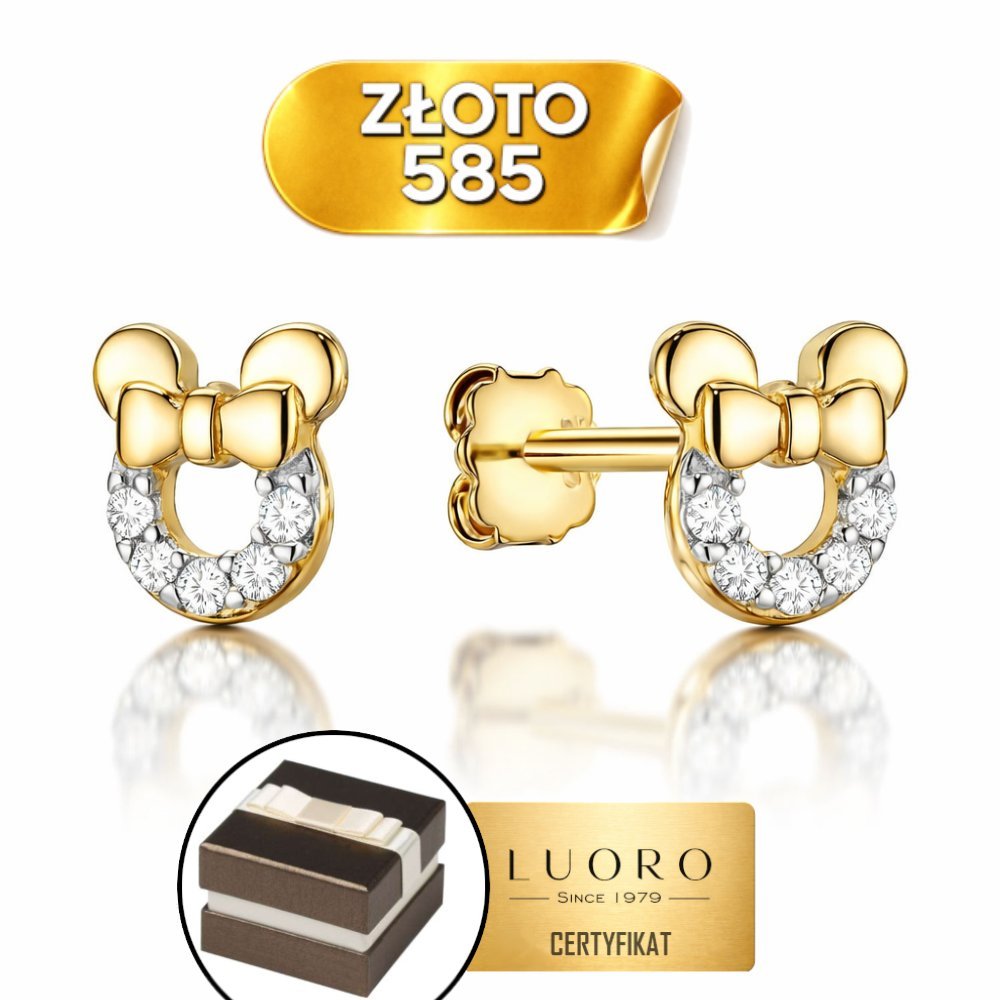 KOLCZYKI ZŁOTE 585 14K MYSZKI Z CYRKONIAMI SZTYFT 7X6 MM ELEGANCKIE