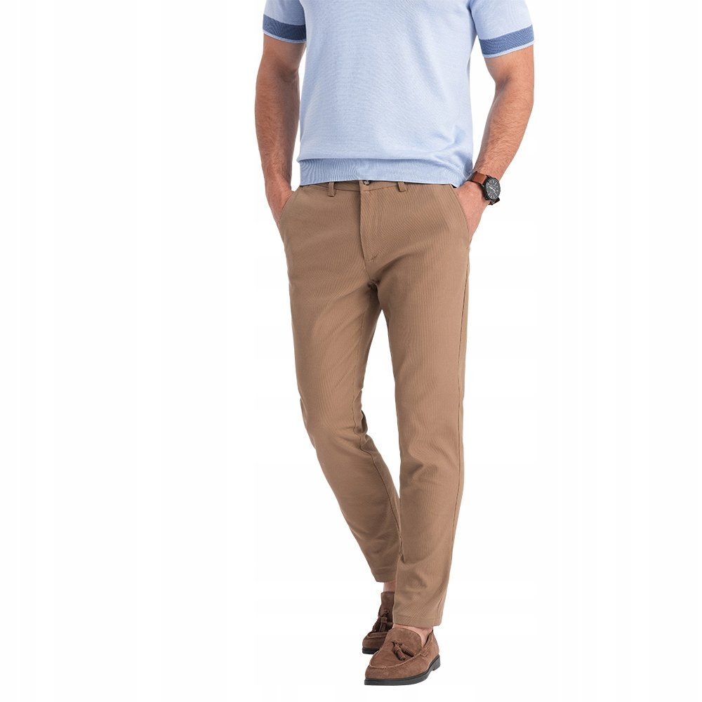 Spodnie męskie chino SLIM FIT jasnobrązowe V2 OM-PACP-0186 L