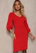 Sukienki - Czerwona Sukienka o Dopasowanym Kroju z Lekko Bufiastymi Rękawami Zinnashira - miniaturka - grafika 1