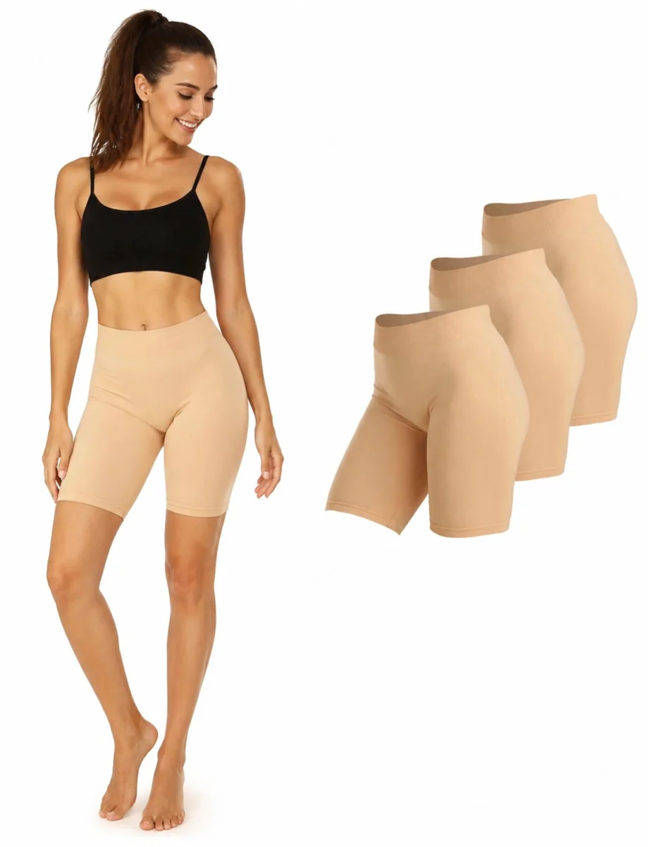 Basic Treasure 3 pary krótkich legginsów damskich, beżowy Slim, S-M