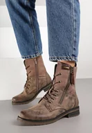 Botki damskie - Brązowe Botki Workery ze Sznurowaniem i Zapięciem na Suwak Vemida - miniaturka - grafika 1