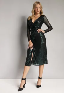 Zielona Cekinowa Sukienka Midi z Kopertowym Dekoltem i Wiązaniem Hadora - Sukienki - miniaturka - grafika 1