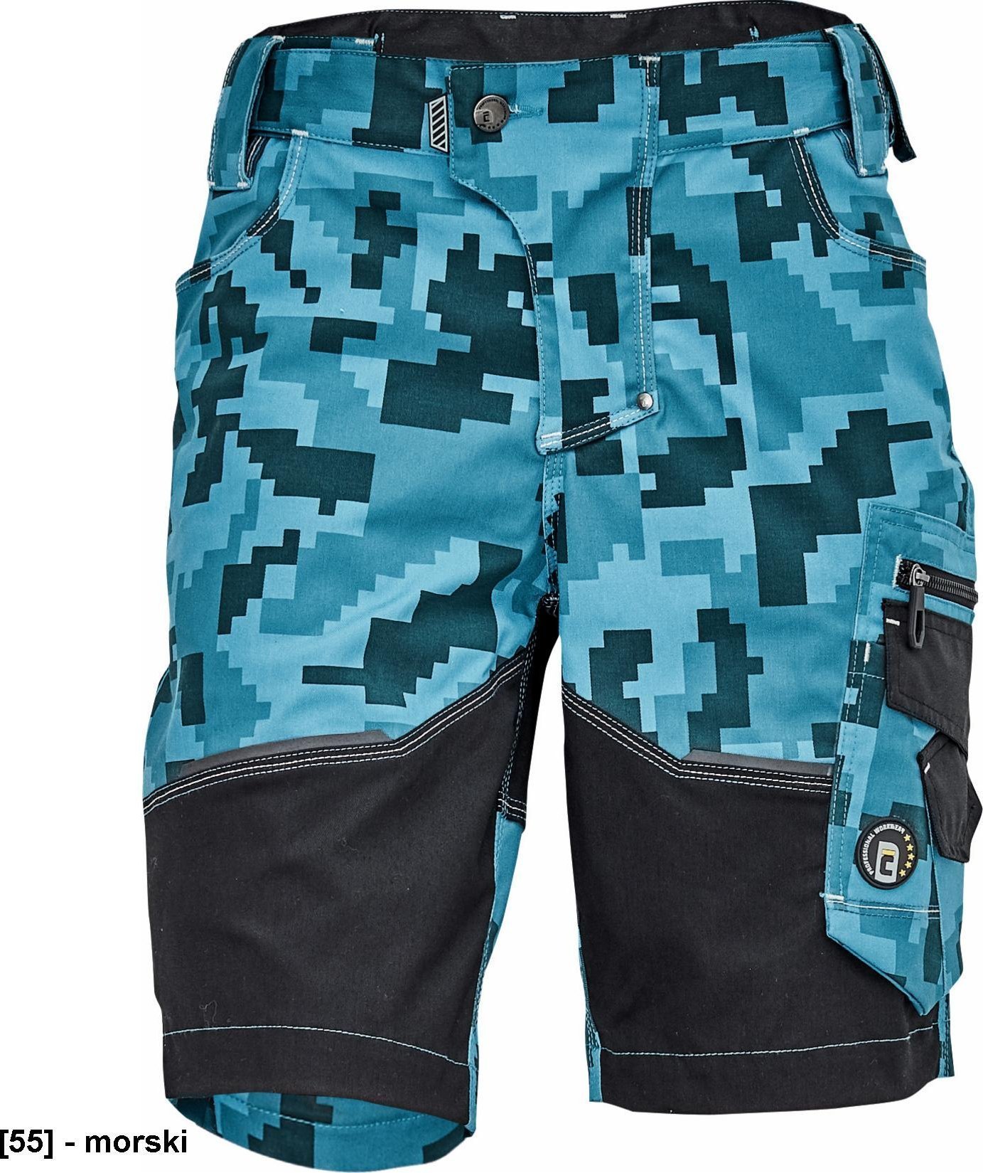 CERVA NEURUM CAMOUFLAGE szorty - męskie szorty robocze, 6 kieszeni, elastyczny materiał Trifibetex z nadrukiem moro, odblaski - morski 52