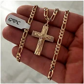 Naszyjniki męskie - ZŁOTY ŁAŃCUSZEK MĘSKI Z KRZYŻYKIEM FIGARO ZE STALI CHIRURGICZNEJ 60 CM 18K - Golden Celebrity - miniaturka - grafika 1