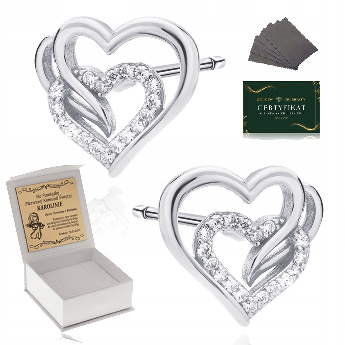 Piękne Srebrne Kolczyki Dla Dziewczynki Serca Próba 925 Na Prezent + Grawer