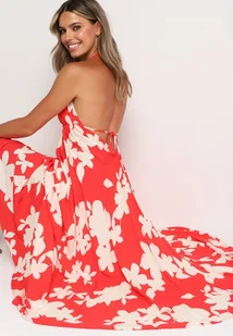 Czerwona Rozkloszowana Sukienka z Wiskozy na Ramiączkach w Kwiaty Nansora - Sukienki - miniaturka - grafika 1