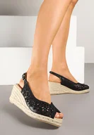Sandały damskie - Czarne Sandały na Plecionym Koturnie z Ażurową Cholewką z Kwiatowym Motywem Nevianelle - miniaturka - grafika 1