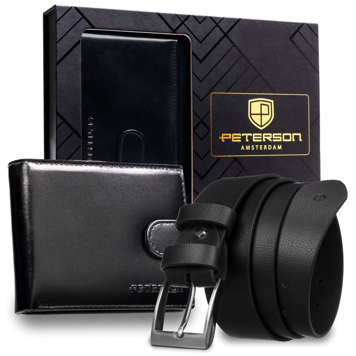 Portfel skórzany męski na gotówkę karty RFID Peterson czarny + pasek do spodni na prezent zestaw