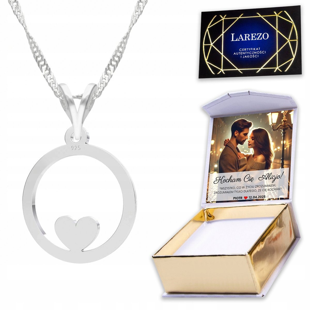 Naszyjnik Srebrny 925 Koło Serduszko Love Heart Kocham Cię + WŁASNY NADRUK