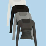 Bluzki damskie - TEMU 4 szt. Damskie topy z długim rękawem Slim Fit - kwadratowy dekolt, jednokolorowe, wysokoelastyczne, casualowe T-shirty, 4 kolory (biały, czarny, - miniaturka - grafika 1