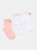 Skarpetki dla dzieci - Sinsay - Krókie skarpetki z falbanką i aplikacją 3D w kształcie rózyczek 3 pack - różowy - miniaturka - grafika 1