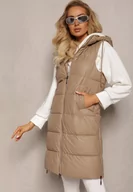 Kamizelki damskie - Brązowa Długa Kamizelka Pikowana z Nieodpinanym Kapturem Faelissa - miniaturka - grafika 1