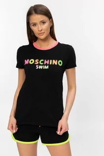 Koszulki i topy damskie - MOSCHINO SWIM - czarny t-shirt z neonowym logo - grafika 1