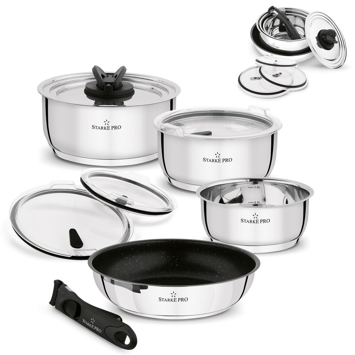 Zestaw garnków i patelni stalowych z odpinaną rączką