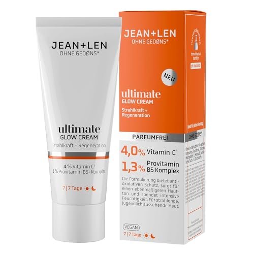 Jean & Len Ultimate Glow Cream, idealnie nadaje się do każdego rodzaju skóry, zapewnia promienny wygląd skóry, z pochodną witaminy C, bezzapachowy i wegański krem do twarzy, 50 ml