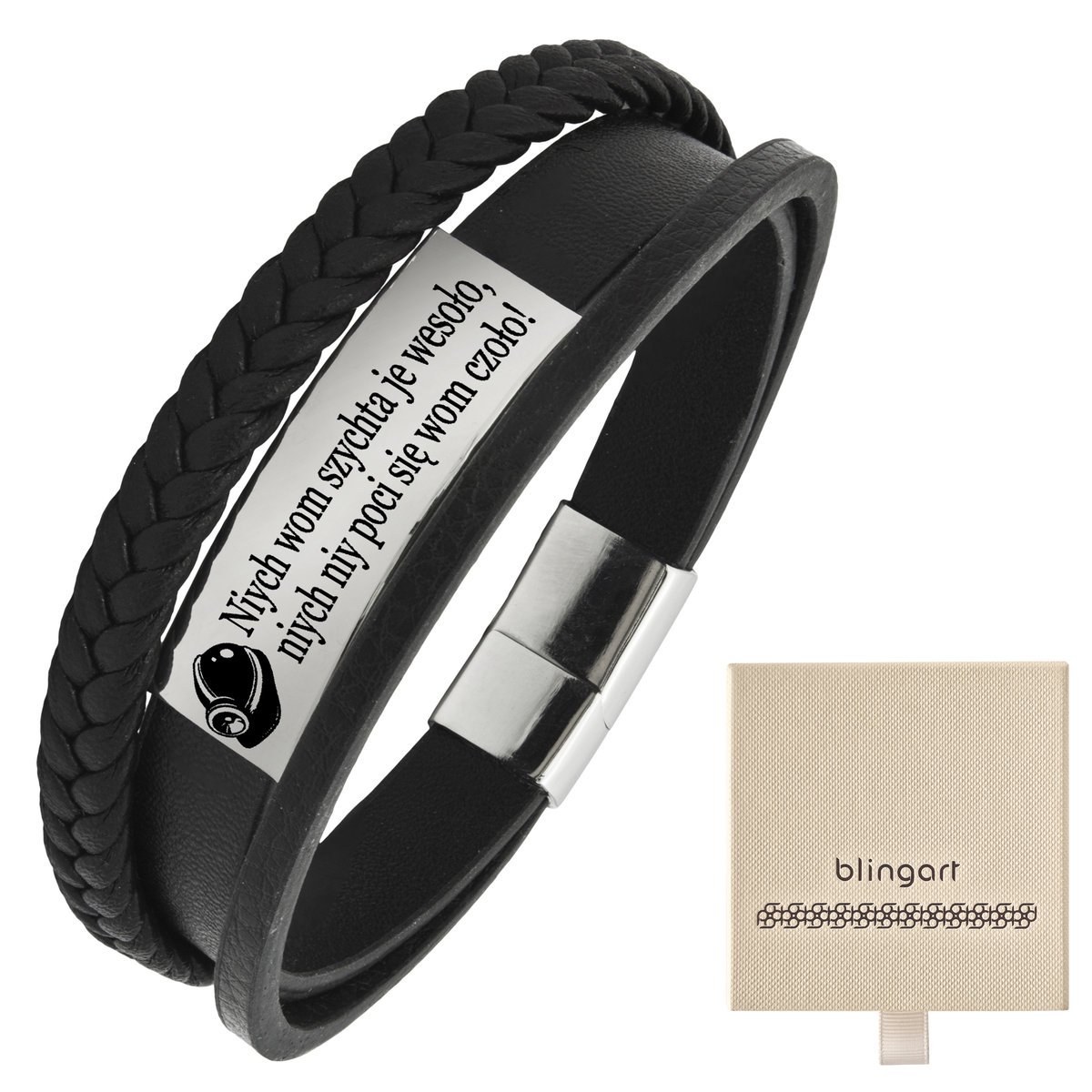 Bransoletka z grawerem skórzana męska plecionka