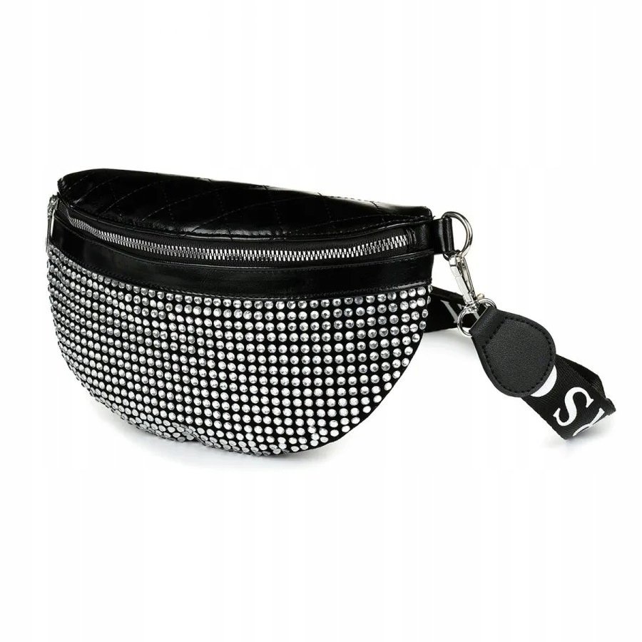 Saszetka Damska Nerka TOREBKA Na ramię Pojemna z Paskiem Kryształki Czarna