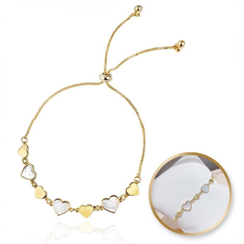 Bransoletka Na Rękę Stal Chirurgiczna Pozłacana 14K Złotem, Serca Masa Perłowa Bst1532