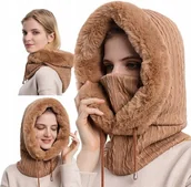 Czapki damskie - Kominiarka Damska Czapka Komin Z Futerkiem Ciepła Jednoczęściowa Na Zimę Karmel - miniaturka - grafika 1