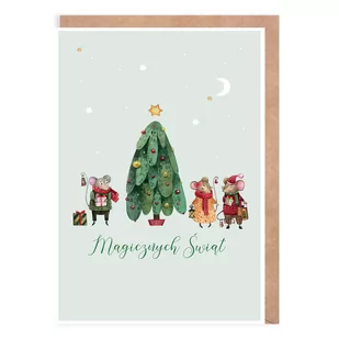 Kartka Boże Narodzenie Myszki przy choince K141 Nowa - Kartki okolicznościowe i zaproszenia - miniaturka - grafika 1