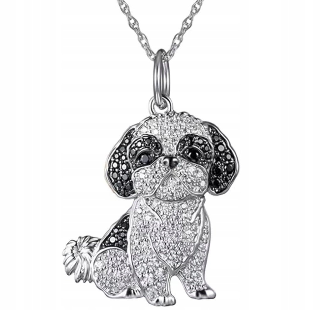 Naszyjnik Wisiorek Shih Tzu z Diamencikami Kryształkami Pies Srebrny Y2K