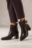 Botki damskie - Brązowe botki damskie na szerokim słupku guma w cholewce pasek ze złotą ozdobą Carla 4160 - miniaturka - grafika 1