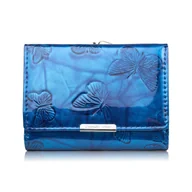 Portfele - Portfel damski skórzany mały lakierowany z tłoczeniem w motyle niebieski SP-23-DB - miniaturka - grafika 1
