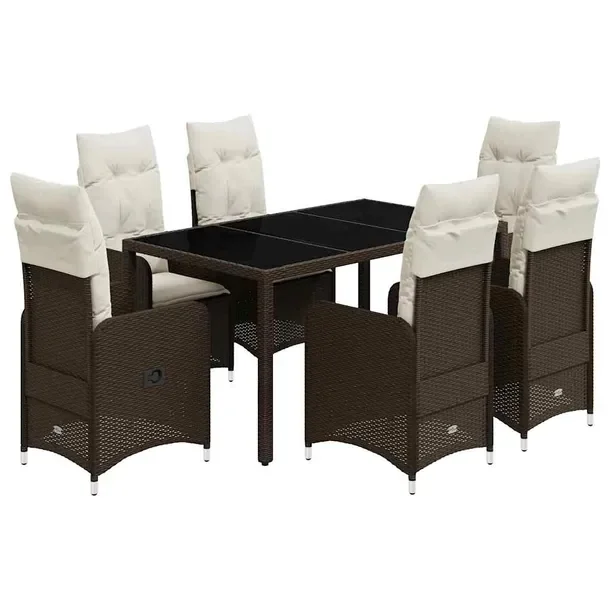 Zestaw Bistro Rattan PE - Brązowy, 6 krzeseł, stół 150x90 cm, poduszki
