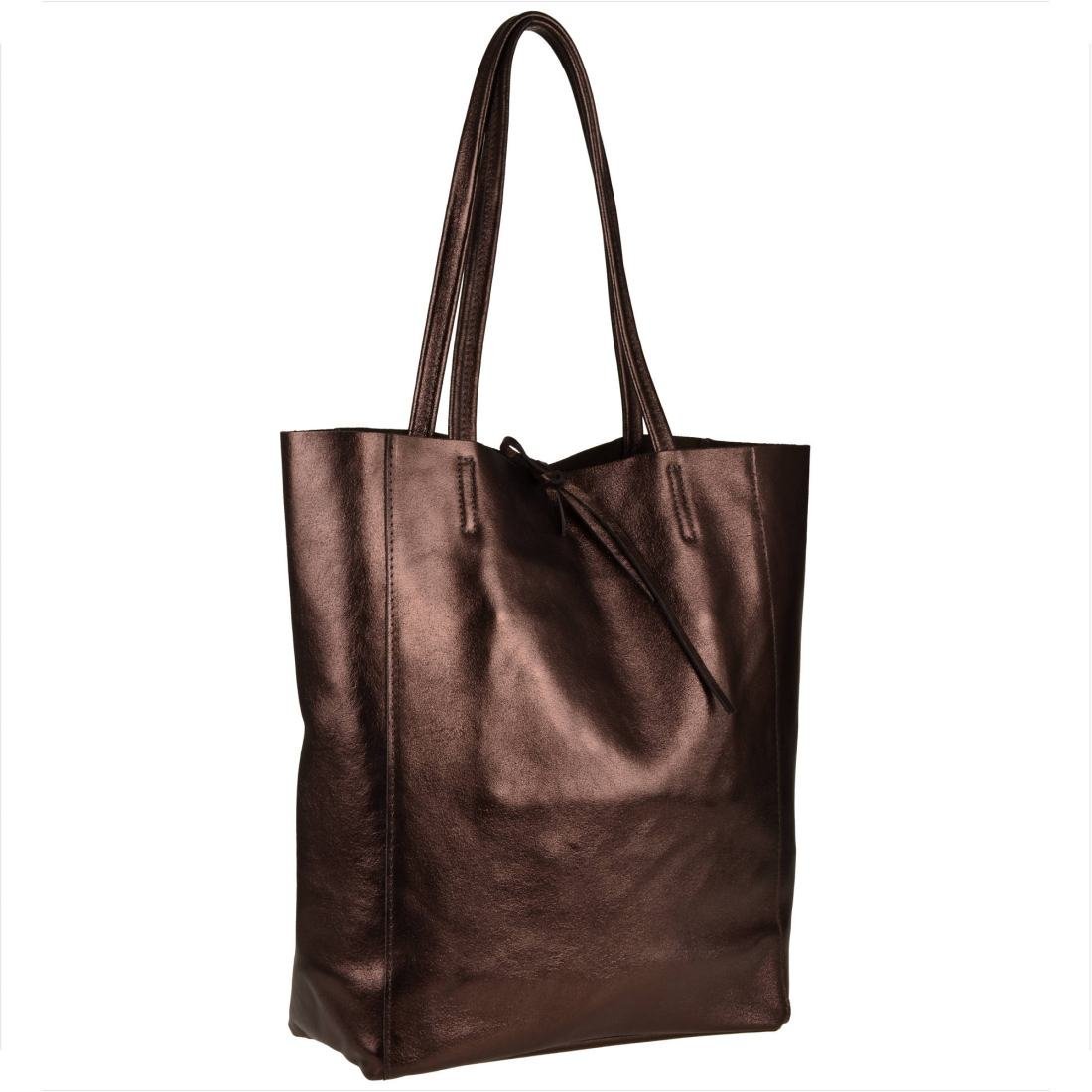 Torebka skórzana lekka shopper brąz czekolada metaliczny