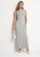 Sukienki - Szara Dopasowana Sukienka z Wełną Zdobiona Marszczeniem i Rozcięciem Lisarea - miniaturka - grafika 1