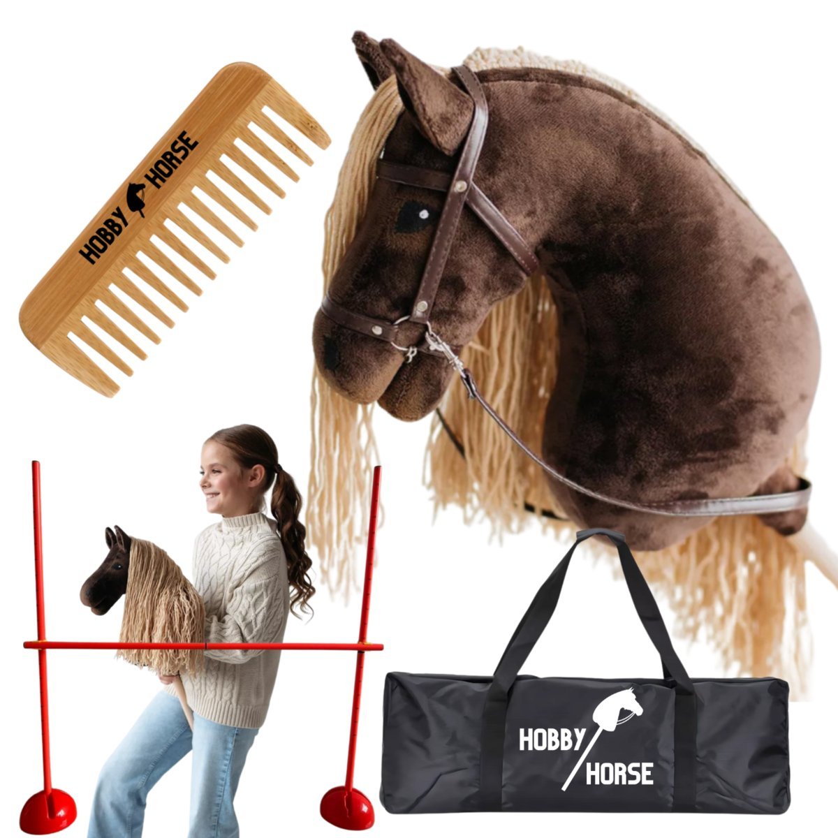 ZESTAW HOBBY HORSE KOŃ NA KIJU A3 + PRZESZKODA DO SKAKANIA 120 CM + GRZEBIEŃ [M-ZESTAW-H3-1]
