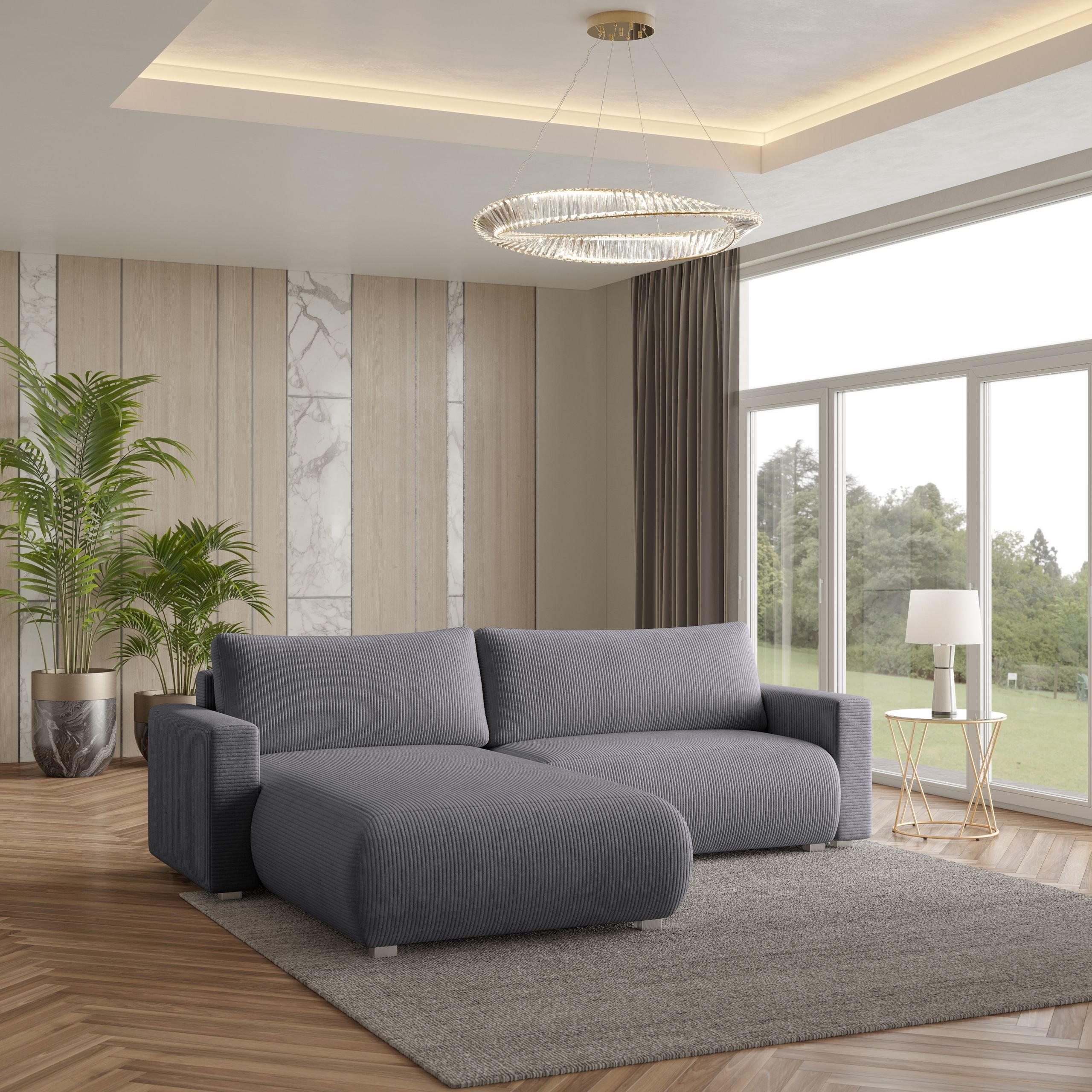 Masseno Narożnik TURIN P z funkcją spania i pojemnikiem na pościel Kształt L, Rozkładana sofa, Rogówka - Szary, POSO 60