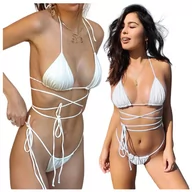 Stroje kąpielowe - BIKINI STRÓJ KĄPIELOWY KOSTIUM WIĄZANY BIAŁY DWUCZĘŚCIOWY DO OPALANIA PLAŻA S - miniaturka - grafika 1