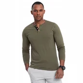 Koszulki męskie - Bawełniany longsleeve męski z guzikami ciemnooliwkowy OM-LSCL-0107 V1 r M - miniaturka - grafika 1