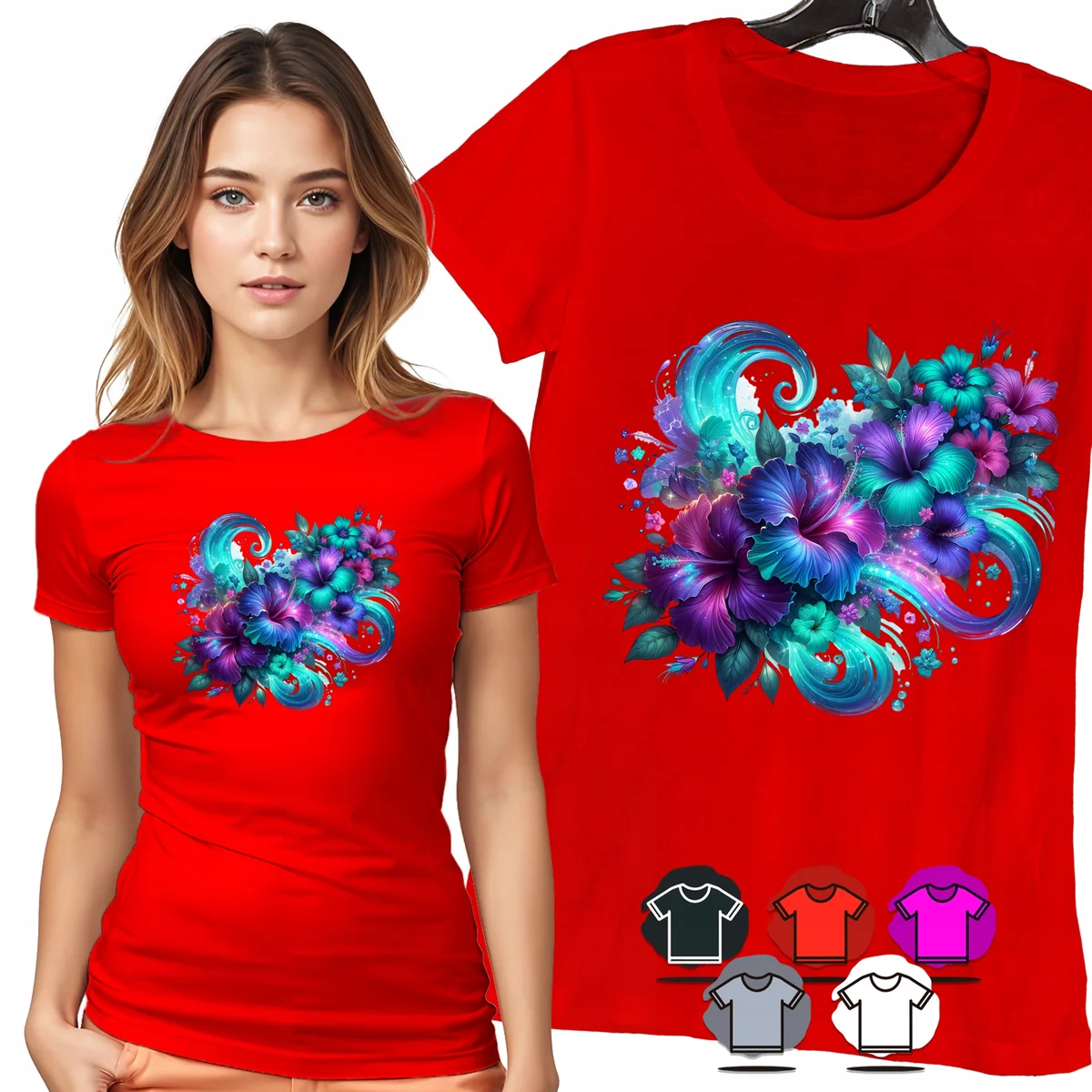 KOSZULKA DAMSKA T-SHIRT - KWIATY TURKUS FIOLETOWE FALE WZÓR DAMSKI - XL