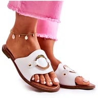 Klapki i japonki damskie - Vinceza Skórzane Damskie Klapki Z Ozdobą Białe Marinell - miniaturka - grafika 1