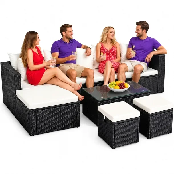 Zestaw mebli rattanowych do ogrodu, czarny, 187x119x58 cm, kremowe poduszki